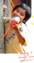 Boy calling through a tin-can telephone