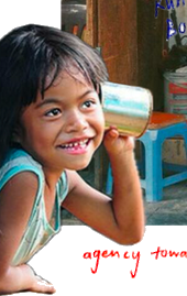 Girl listening on a tin-can telephone